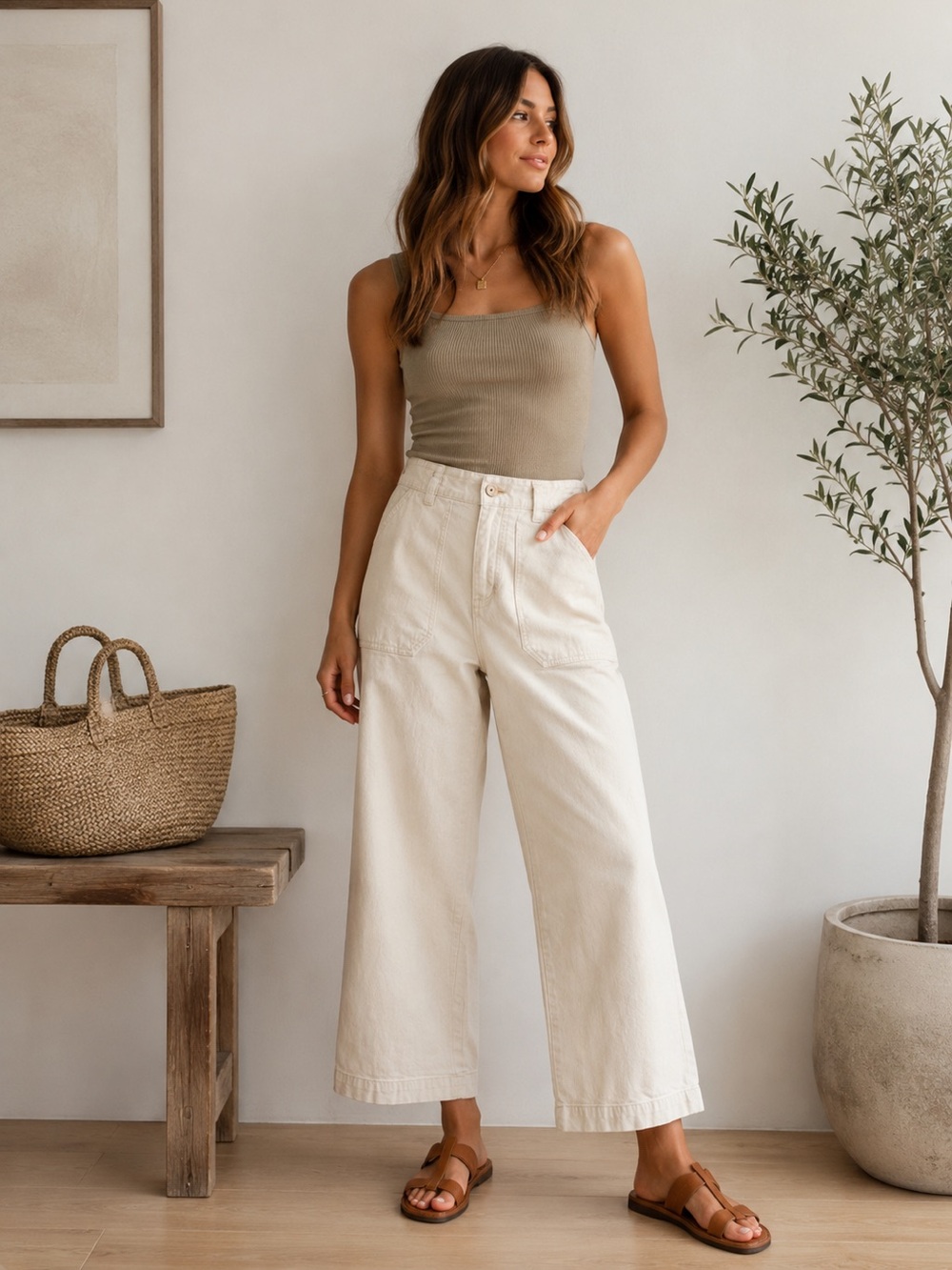 Masscob Mid Rise Wide Leg Crop Jeans Ivory Cream Utility Pockets